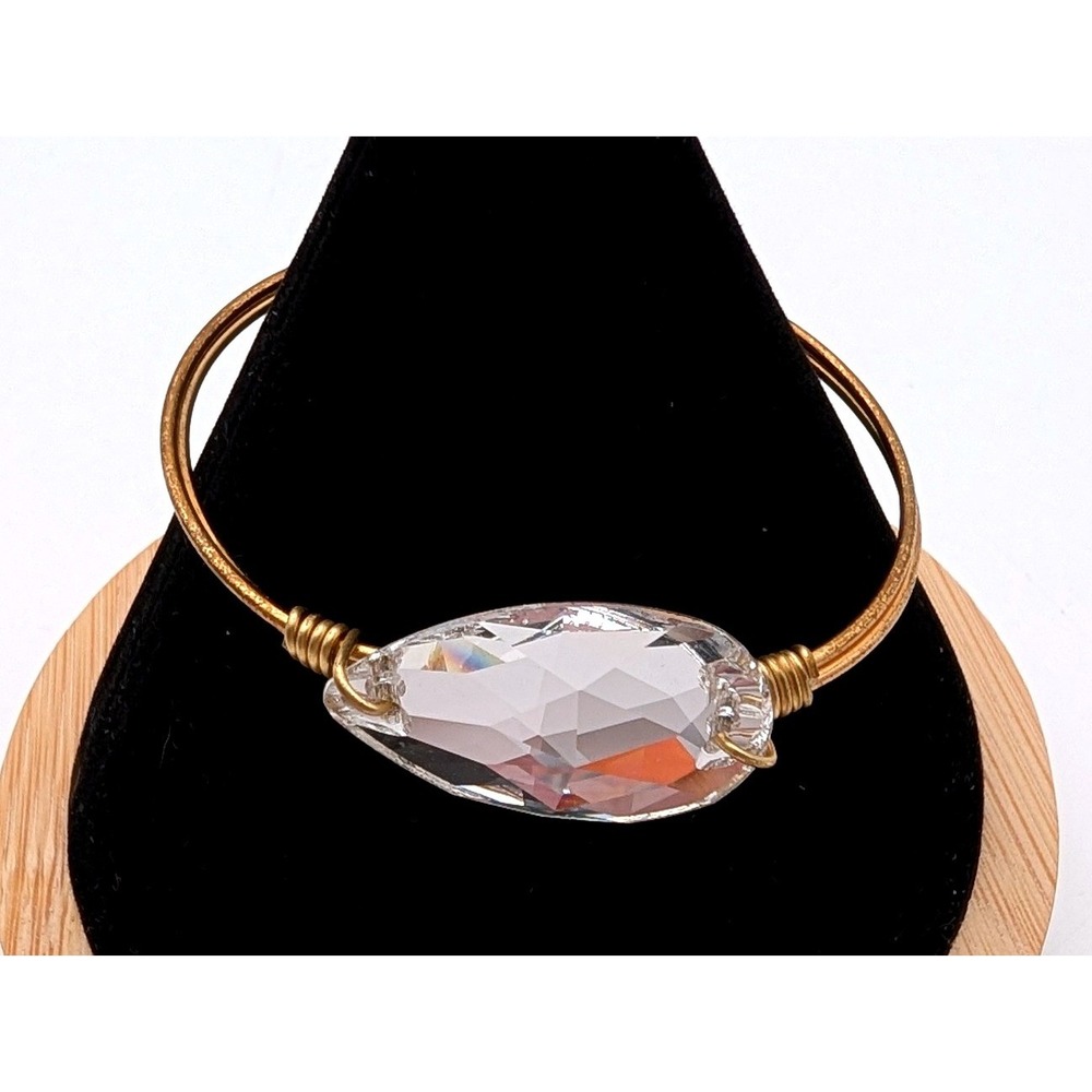 Handmade Gold Tone Wire Wrapped Bangle Bracelet Clear Teardrop Crystal Focal